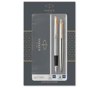 Parker Jotter Duo coffret-cadeau avec stylo bille et stylo plume , acier inoxydable avec attributs or , recharge et cartouches d’encre bleue , coffret-cadeau