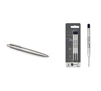 Parker Jotter stylo bille |acier inoxydable avec attributs chromés | pointe moyenne | encre bleue | coffret cadeau & recharges pour stylo bille | pointe moyenne | encre noire QUINKflow | lot de 3