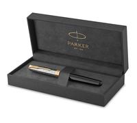Parker Sonnet Stylo Plume | Premium métal et noir brillant avec finition dorée | Plume fine en or 18 carats avec cartouche d'encre noire | Coffret cadeau