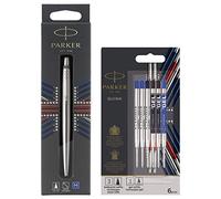Parker Stylo-bille Jotter acier inoxydable avec attributs chromés + Jotter London Refills Discovery Pack: 3 Recharges Quinkflow pour Stylos Bille et 3 Recharges Quink d’Encre Gel