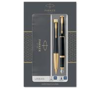 Parker Urban Duo Coffret-cadeau avec Stylo Bille et stylo plume, Finition laquée Noire Ple avec attributs Or, Recharge et Cartouche d’encre bleue, Coffret-cadeau