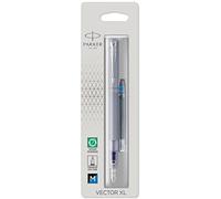 PARKER Vector XL Stylo plume bleu argenté métallisé sur laiton, plume moyenne, cartouche d'encre bleue, blister