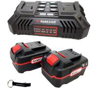PARKSIDE® Chargeur double 20 V, modèle PDSLG 20, comprenant 2 batteries (4 Ah), un crayon de charpentier et un ouvre-bouteille à porter en porte-clés