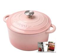 Parmedu Cocotte en fonte émaillée avec couvercle, livre de cuisine, casserole robuste en fonte avec deux poignées pour braiser, ragoûter, rôtir, cuire du pain, rose, 5,5 l
