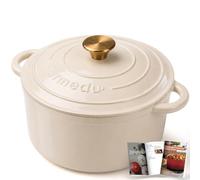 Parmedu Cocotte en fonte émaillée avec couvercle, livre de recettes, four néerlandais robuste avec deux poignées pour braiser, ragoûter, rôtir, cuire du pain, blanc, 5,5 l
