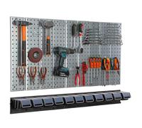 Paroi à outils 117x72cm Système de stockage en métal avec supports d'outils Crochets à outils 11 boîtes empilables noir Garage Planche à fiches Outils électriques Paroi perforée