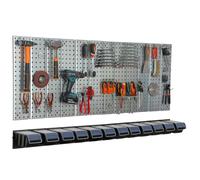 Paroi à outils 156x72 cm Système de stockage en métal avec supports d'outils Crochets à outils et 12 boîtes empilables 120 x 200 x 90 mm Couleur : noir Planche à trous atelier garage Planche enfichabl