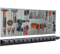 Paroi à outils 156x72 cm Système de stockage en métal avec supports d'outils Crochets à outils et 14 boîtes empilables 100 x 150 x 70 mm Couleur : noir Planche à trous atelier garage Planche à fiches