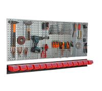 Paroi à outils 156x72 cm Système de stockage en métal avec supports d'outils Crochets à outils et 14 boîtes empilables 100 x 150 x 70 mm Couleur : rouge Planche à trous atelier garage Planche enfichab