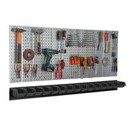 Paroi à outils 156x72 cm Système de stockage en métal avec supports d'outils Crochets à outils et 15 boîtes empilables 100 x 150 x 70 mm Couleur : noir Planche à trous atelier garage Planche enfichabl