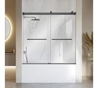 Paroi de douche VEVOR pour baignoire, 1524x1524 mm, sans cadre, verre trempé de 8 mm, noire. Habillage de baignoire avec porte coulissante double en verre transparent, pour baignoires et douches, avec