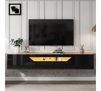 Parrot Uncle Meuble TV, étagère suspendue, meuble TV brillant avec lumière LED, pour TV 75 pouces, noir + couleur bois originale, 180*37*36cm