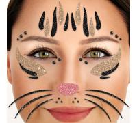 Party Factory Tatouage de visage pour chat à paillettes temporaires pour fête à thème, Halloween et carnaval, enfants et adultes