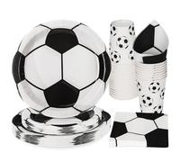 PARTY GO Lot de 96 pièces de vaisselle de fête de football, assiettes en carton, tasses et serviettes, vaisselle jetable, accessoires de fête pour anniversaire, football noir et blanc, décorations