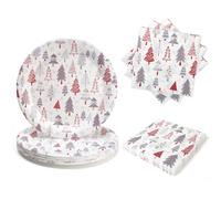 PARTY GO Vaisselle de Noel Jetable En Papier Et Serviettes De Noël 50 Pièces, 23cm Assiette Motif Sapin De Noël Blanc, pour 25 Convives, pour Noël Fêtes Décoration