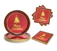 PARTY GO Vaisselle de Noel Jetable En Papier Et Serviettes De Noël 50 Pièces, 23cm Assiette Motif Sapin De Noël Rouge, pour 25 Convives, pour Noël Fêtes Décoration