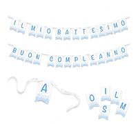Party Village Bannière avec 33 fanions bleus avec ruban de 5 m, 6 inscriptions composables en italien pour garçon - baptême, joyeux anniversaire, communion, confirmation, nombreux voeux, bienvenue