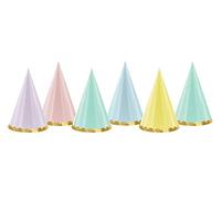 PartyDeco, Chapeaux en forme de cône aux couleurs pastel avec bordure dorée, 6 pièces