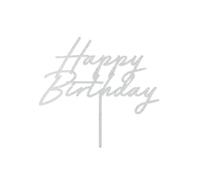 PartyDeco Décoration de gâteau Happy Birthday - 18 x 16,5 cm - Argenté pailleté