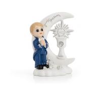 PartyDeco Figurine de gâteau de communion garçon avec lune - 8,5 x 6 x 3,5 | En polystone - Décoration de gâteau de communion - Figurine pour première communion, fête d'église, célébration