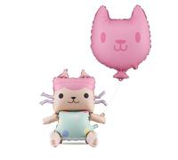 PartyDeco Lot de 2 ballons gonflables pour bébé avec boîte et chat - 2 ballons avec ficelle - Conviennent à l'hélium et à l'air - Décoration d'anniversaire d'enfant - Réutilisables