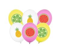 PartyDeco® Lot de 6 ballons en latex avec motif fruit - 30 cm - Ballons de fête avec impression citron, ananas, pastèque - Ballons colorés pour anniversaire, fête d'été
