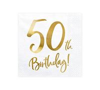 PartyDeco SP33-77-50-008 - Serviettes 50. Anniversaire - Blanc avec Inscription doré - 33x33cm (1 VPE / 20 STK.)