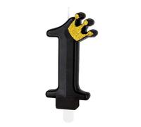 PartyPal Bougie en forme de chiffre avec couronne dorée et pied à enficher, environ 9 cm x 5 cm, noire, décoration de gâteau d'anniversaire, couleur : noir, taille : nombre 1