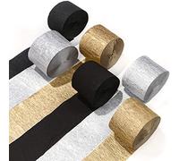 PartyWoo Lot de 6 banderoles en papier crépon 150 m, lot de banderoles dorées, argentées et noires pour décorations de fête, décorations d'anniversaire, décorations (1,8 pouces x 82 pieds/rouleau)