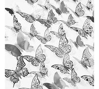 PartyWoo Lot de 84 autocollants muraux 3D en forme de papillon argenté, 3 tailles amovibles pour décoration de chambre, gâteaux, fête, fenêtre