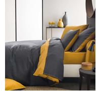 Parure bicolore en viscose de bambou, taies carrées, ECORCE - Origin - 140 x 200 cm - Gris Carbone/Jaune Moutarde