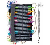 24 Calli.Brush Pens Double Tip avec pointe calligraphique 2mm et pointe pinceau flexible, couleurs intenses, dans Inspiration Roll Pouch en textile doux