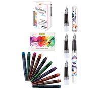 Parure Calligraphie: stylo plume avec 3 plumes différentes, 10 cartouches d'encre en couleurs brilliantes, magazine et livret handlettering pour bullet journaling, hand lettering, écriture créative