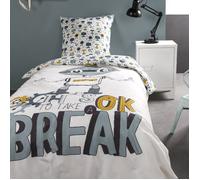 Parure de couette 140 x 200 ""Take a break"" Réversible 100% Coton / 57 Fils/cm² - Blanc