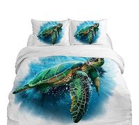 Parure de Couette 240x220 cm Adulte Tortue Verte Parure de Lit 2 Personnes Respirant Microfibre Housse de Couette avec Fermeture Éclair + 2 Taie d'oreiller 65x65 cm