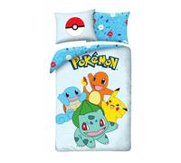 Halantex Parure de lit POKEMON PIKACHU Bulbasaur Dracaufeu Carapuce Housse de couette 140 x 200 cm + Taie d'oreiller 70 x 90 cm Réversible 100% Coton OekoTex Bleu