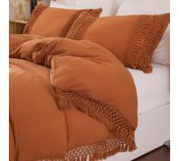 Parure de couette orange brûlé 3 pièces avec franges à pompons, style campagne chic bohème. Ensemble de literie ultra doux et respirant en microfibre avec pompons frangés. Couverture de couette style 