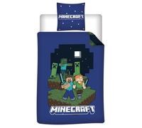 Minecraft Parure de Lit Enfant Réversible - Housse de Couette 140x200 cm + Taie d'oreiller 65x65 cm - 52% Coton 48% Polyester - Certifiée Oeko-Tex Standard 100 - Motif Steve, Alex & Creepers