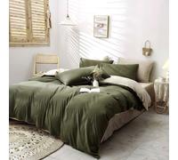 Parure de lit 135 x 200 cm vert olive, vert foncé, beige uni, réversible, en microfibre, comprenant une housse de couette et une taie d'oreiller 80 x 80 cm avec fermeture à glissière