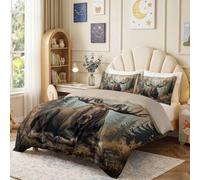 Parure de Lit 140 x 200 cm, Housse de Couette Microfibre Brossée Douce avec Fermeture Éclair, Linge de Lit Paysage Rustique Élan Pin Planche Bois Herbe, 2 Taies d'oreiller, Marron Vert