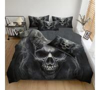 Parure De Lit 140 X 200 Crâne À Cornes Fumée | Housse De Couette Gris Chambre Décor Horreur Réaliste Housse De Couette Set