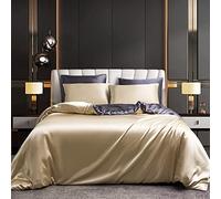 Parure de lit 140x200 Doré Gris Satin Satinée Housse Couette Dore Unie Soie Lisse Soyeux Brillant Adulte Ensemble Literie Modern Uni Linge de Lit avec Fermeture éclair et 1x 65x65cm Taie d'oreiller