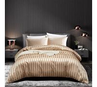 Parure de lit 140x200 Dore Satin Rayures Satinée Housse de Couette Doré Unie Soie Lisse Soyeux Brillant Adulte 2 Pièces Uni Ensemble Literie avec Fermeture éclair et 1x 65x65cm Taie d'oreiller