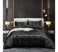 Parure de lit 140x200 Satin Noir Rayures Adulte 1 Personne Satinée Housse de Couette Soie Lisse Soyeux Brillant Linge Ensemble Literie Noire avec Fermeture éclair et 1x 65x65cm Taie d'oreiller