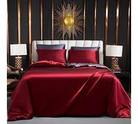 Parure de lit 140x200 Vin Rouge Gris Satin Satinée Housse de Couette Unie Soie Lisse Soyeux Brillant Uni Linge de Lit 1 personne Ensemble Literie avec Fermeture éclair et 1x 65x65cm Taie d'oreiller