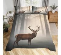 Parure de Lit 160x200 Cerf Housse de Couette 1 Personnes | Microfibre, Anti-froissage, Forêt Brumeuse 3D Imprimée, Literie Set 3 Pièces, Fermeture Éclair, 2 Taies d'oreille