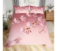 Parure de Lit 160x200 Sakura Rose Housse de Couette 1 Personnes | Microfibre, Anti-froissage, Fleurs de cerisier 3D Imprimée, Literie Set 3 Pièces, Fermeture Éclair, 2 Taies d'oreille