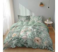 Parure de Lit 180x200 cm Housse de Couette 2 Personnes Plantes Fleurs L'Aquarelle pour Adultes et Enfants, Housse de Couette Imprimée Vert 3 Pièces en Microfibre Douce, Décoration de Chambre