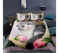 Parure de Lit 2 Personnes Fille Garçon Animal Housse de Couette Cute Pet Chaton Chiot Gris Beige Noir Rose Fleurie Amour Chat et Chien Polyester Ensemble de Literie (Rose, 220 x 240 cm)