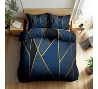 Parure de Lit 220 x 240 cm Housse de Couette 3 Pièces, Bleu Foncé Douce et Respirante Polygones Géométriques Dorés Parure de Lit avec Fermeture Éclair, 2 Taies d'oreiller
